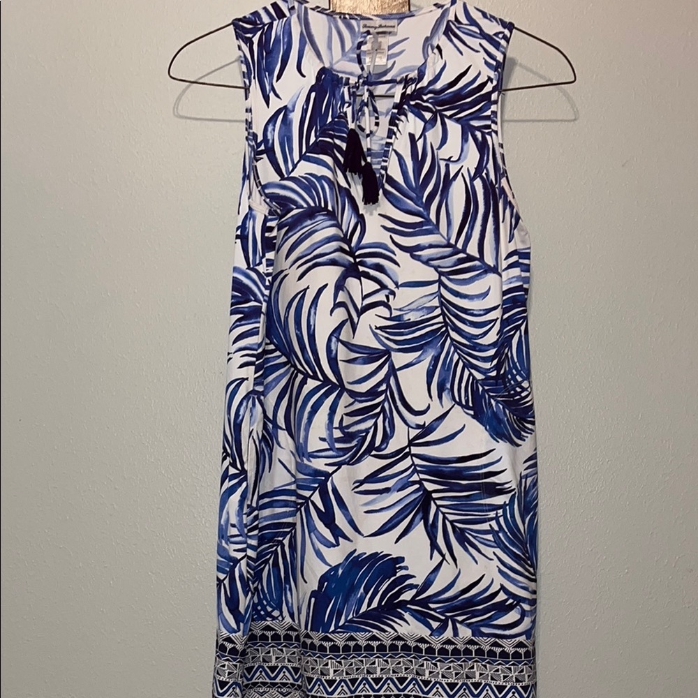 Tommy Bahama Navy and White Leaf Print Sleeveless Dress
